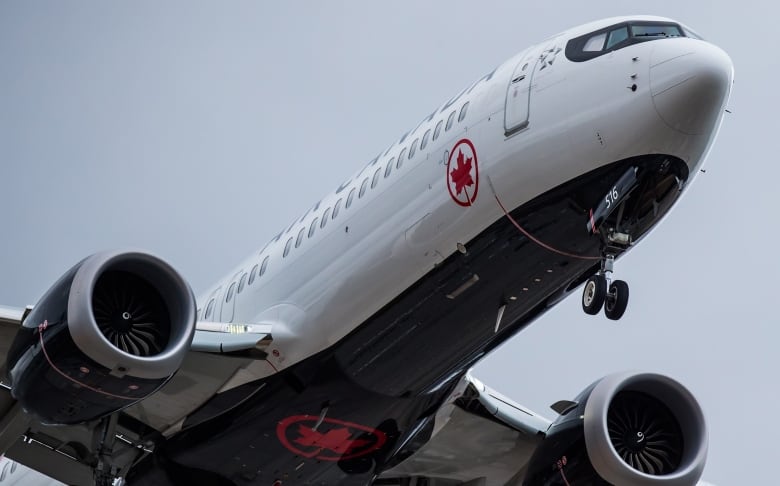 A closeup shows the nose of a plane with an Air Canada logo.