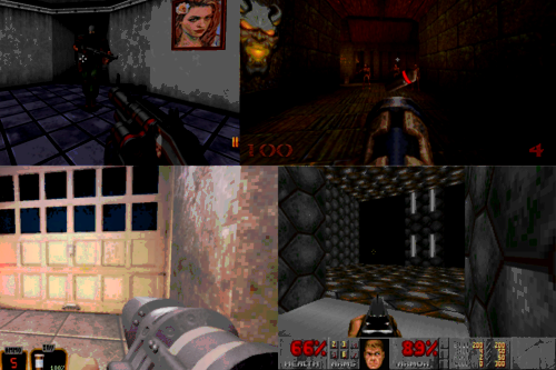 A collage of boomer shooters consisting of Ion Fury, Quake, Duke Nukem 3D, and Doom.