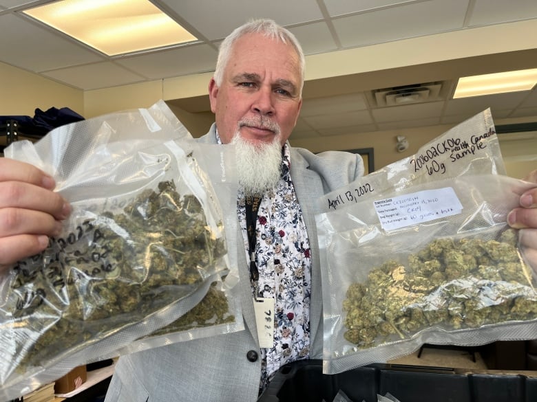 Brian Keating holds bags of cannabis.