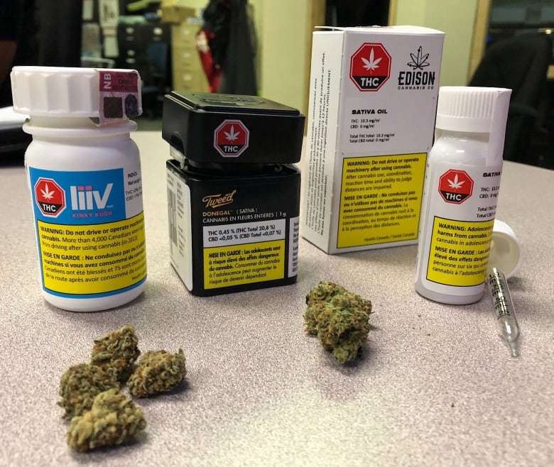 Four examples of legal cannabis packaging for Canada, all with a yellow warning label at the bottom.