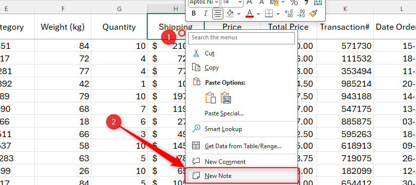 An Excel worksheet with the 'New Note' option selected after having right-clicked on a cell.