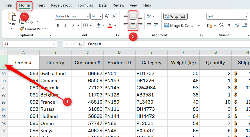 An Excel worksheet with the header row center-aligned.