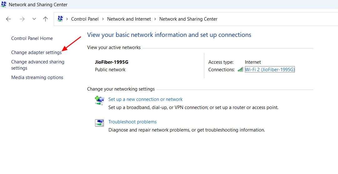 Change Adapter Settings option in the Control Panel.