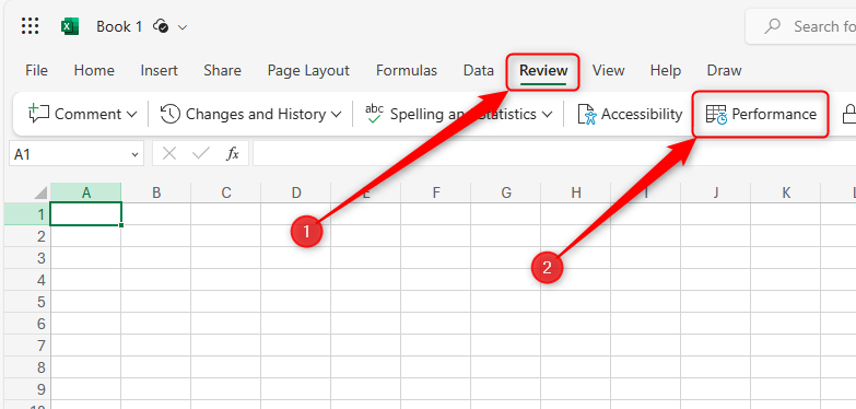 An Excel for the web window with the Review tab and "Perfomance" button highlighted.
