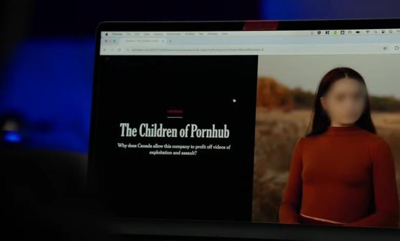 A computer screen displays a story from the New York Times titled 'The Children of Pornhub' featuring a girl whose face is blurred. 