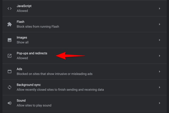 The Pop-Ups Redirects settings in Chrome for macOS.