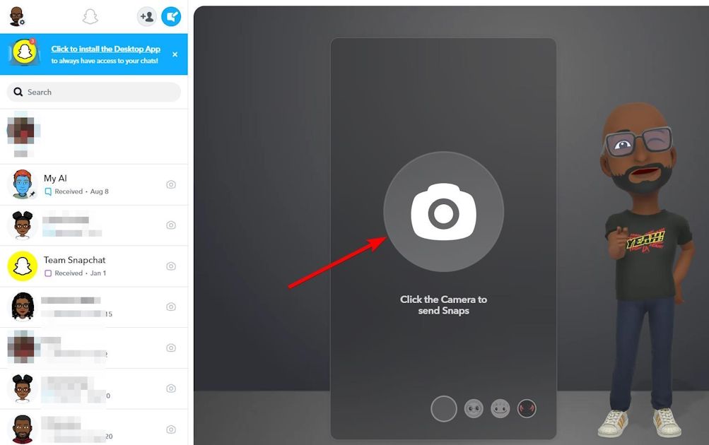 Click the camera in the middle of the right panel on Snapchat web.