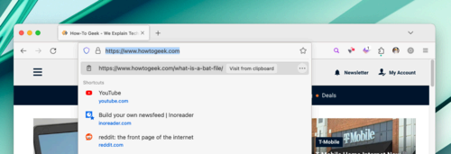 Screenshot of Firefox with the clipboard URL highlighted as a suggestion.