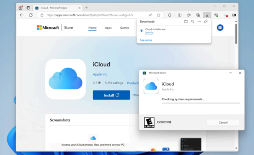 Screenshot of the installer for iCloud opened from the Microsoft Store website.