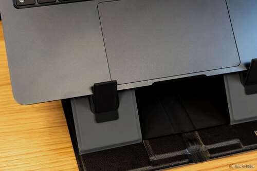 Close up of the tabs to hold on the Plugable PT-STANDX Foldable Stand