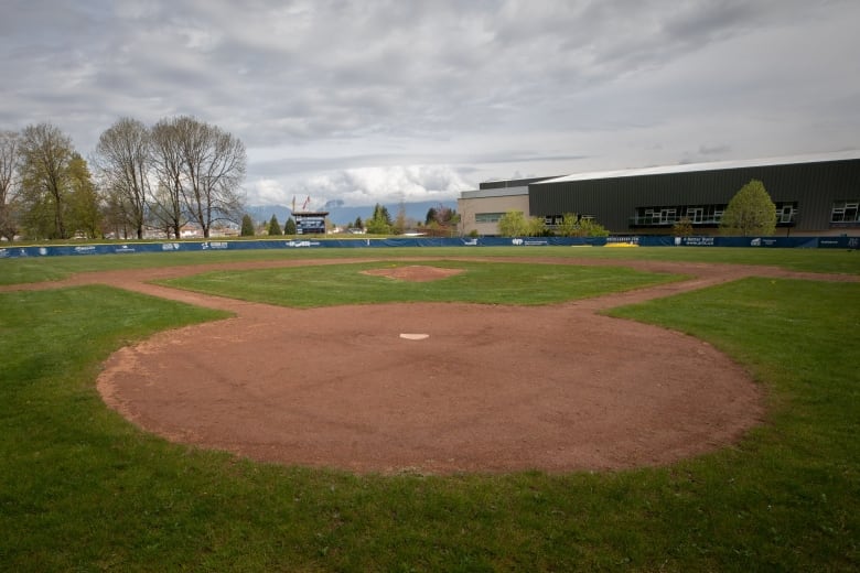 A baseball diamond on a cloudy day.