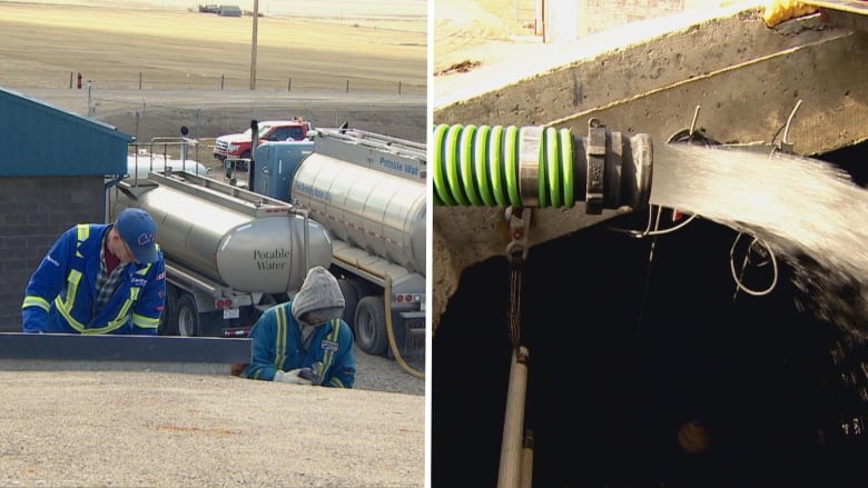 Two trucks and two employees feed hoses to load a reservoir with water.