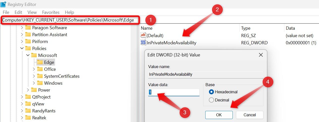 Creating a key in Registry Editor to disable inprivate mode in Microsoft Edge.