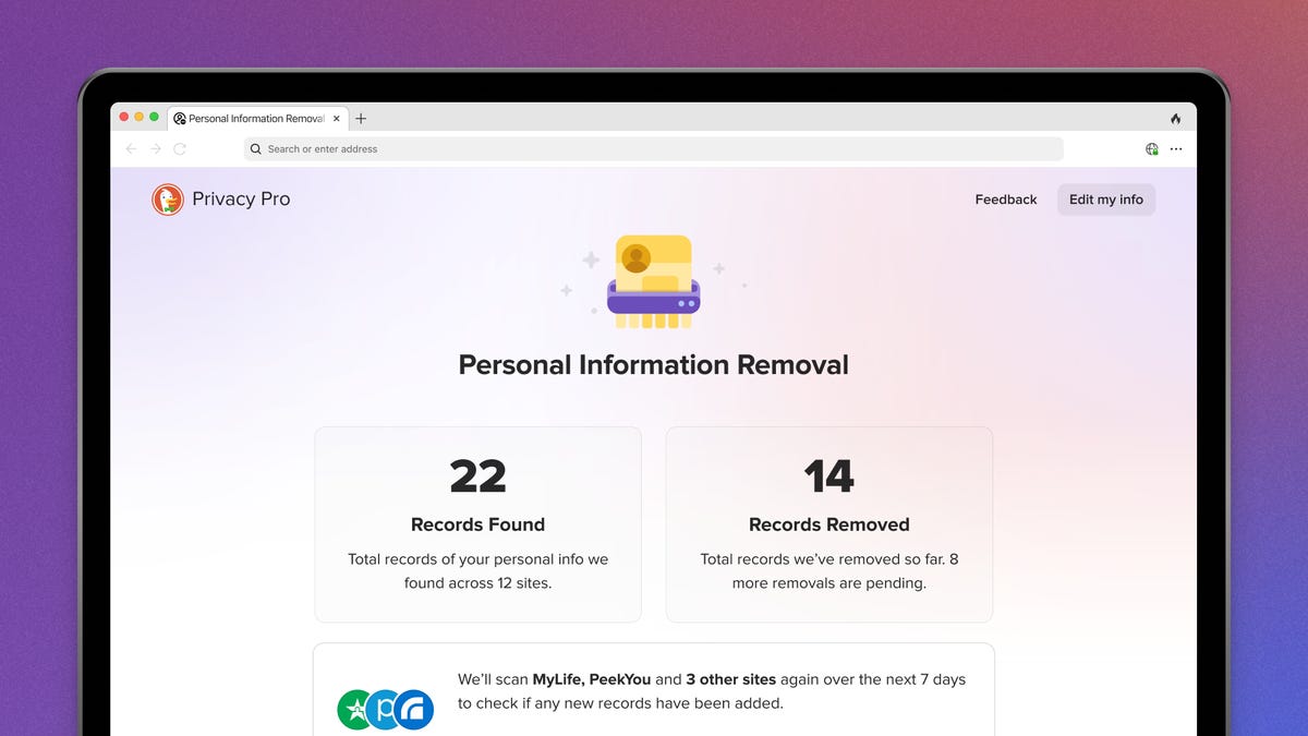 A laptop showing DuckDuckGo's Personal Information Removal menu