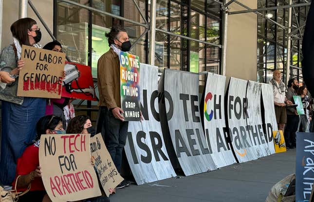 Protestors lined outside of Google’s Chelsea office on Tuesday.