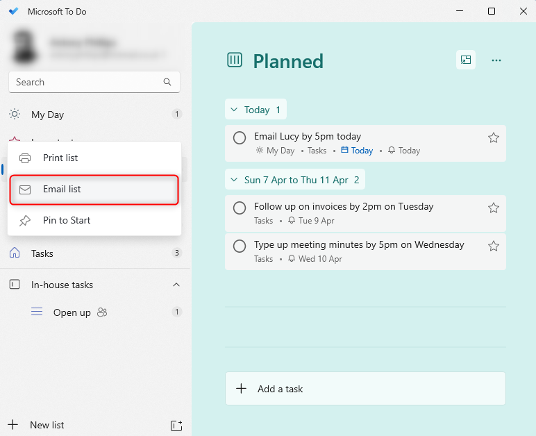 Microsoft To Do's Email List function highlighted.