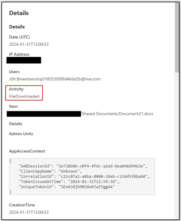 A file download event in SharePoint logs