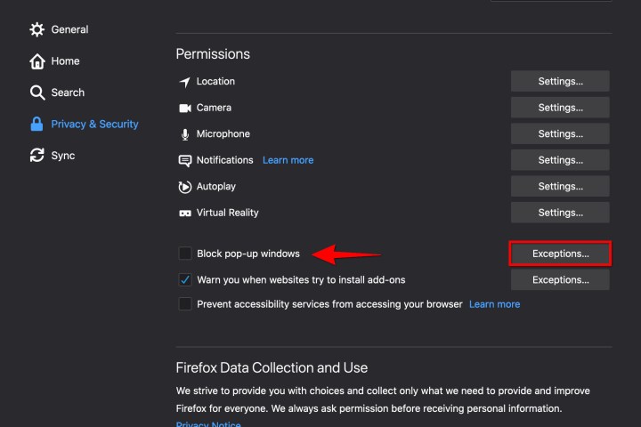 Pop-up settings in Firefox for macOS.