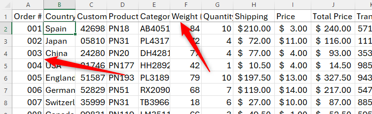 An Excel sheet with the first row and column frozen.