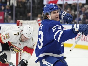 Toronto Maple Leafs left wing Matthew Knies (23) celebrates scoring against the Florida Panthers during second period NHL hockey action in Toronto on Monday, April 1, 2024.