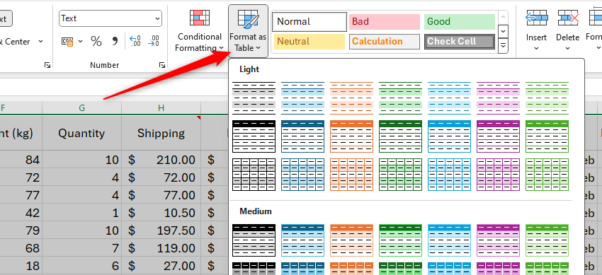 The Format As Table option displayed in an Excel worksheet.