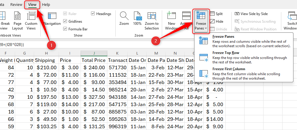 An Excel spreadsheet with the Freeze Panes option selected.