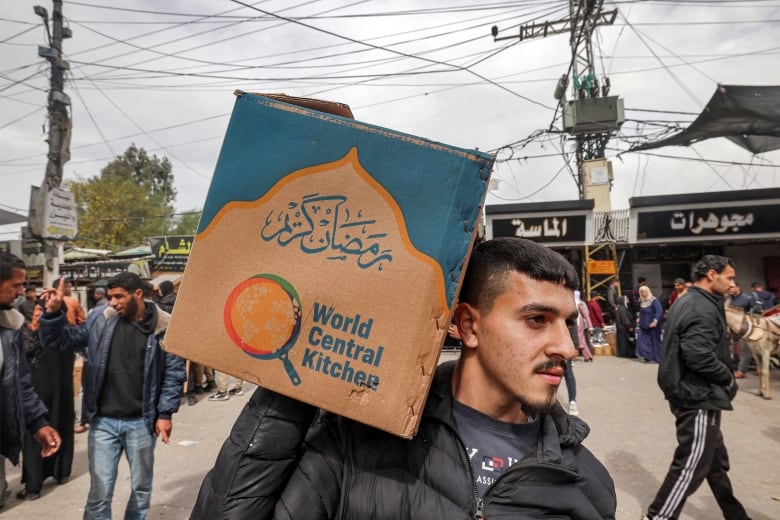 A man carries a box on his shoulders in a busy outdoor area. 