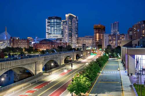 View of Cambridge, Massachusetts skyline at night