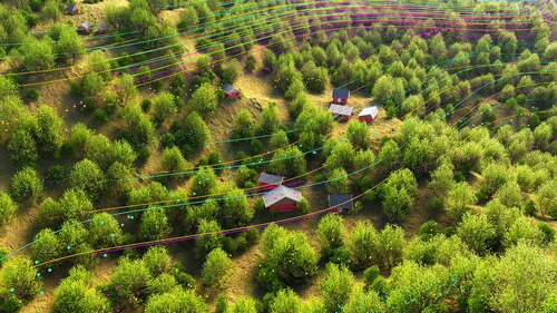 A rendering of a rural area with small houses.