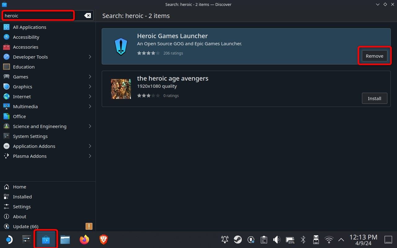 Installing the Heroic Games Launcher from the Discovery Store on a Steam Deck. 