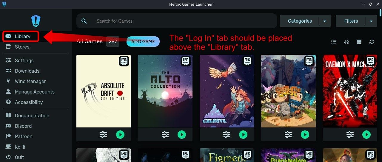 Heroic Games Launcher Home Screen. 