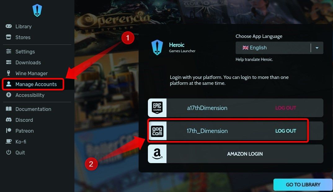 Manage Accounts tab in the Heroic Games Launcher. 