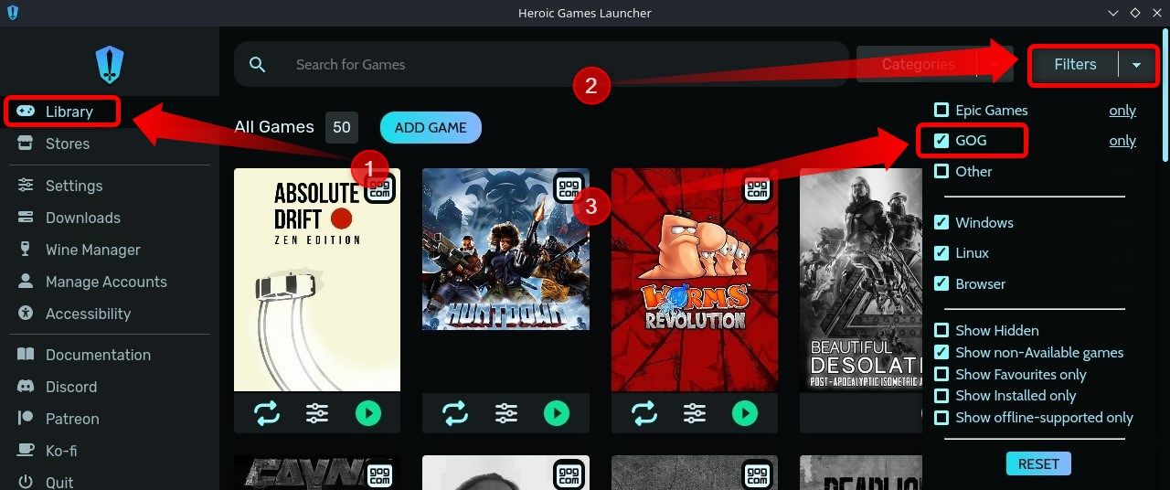 Library Menu in the Heroic Games Launcher. 