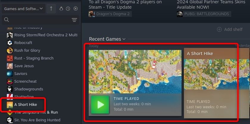 Showing A Short Hike in the Steam library. 