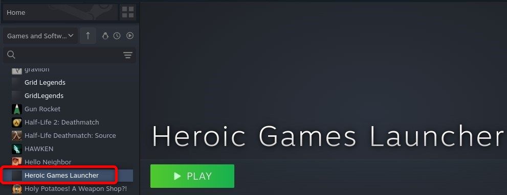 The Heroic Games Launcher shortcut shown in the Steam library. 