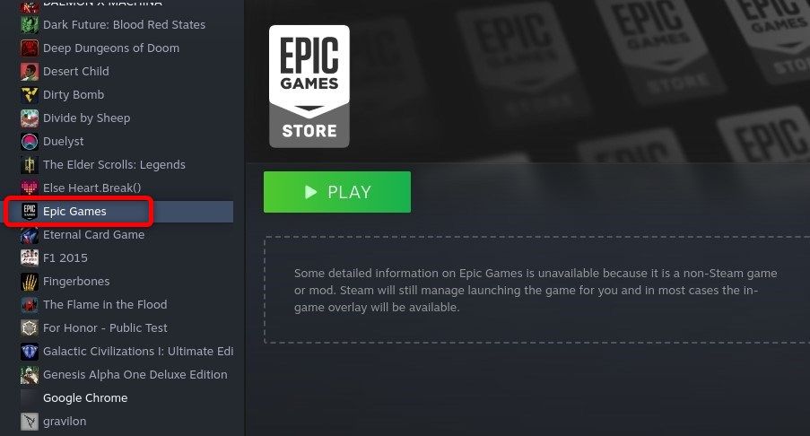 The Epic Games Launcher shortcut in a Steam library. 