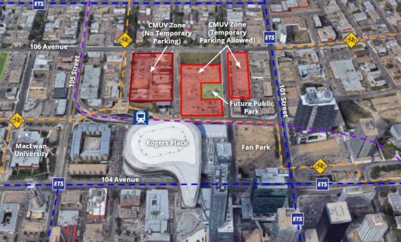 A rendered map of two parking lots north of Rogers Place. 