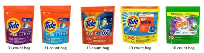 A composite image showing selected Tide and Gain products that are the subject of a recall as of April 5, 2024.