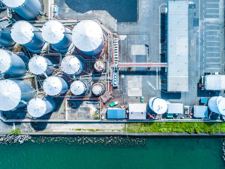 Aerial view. Piping and tanks of industrial factory