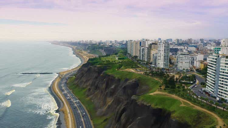 Oil painted panoramic aerial view of Miraflores district coastline in Lima, Peru