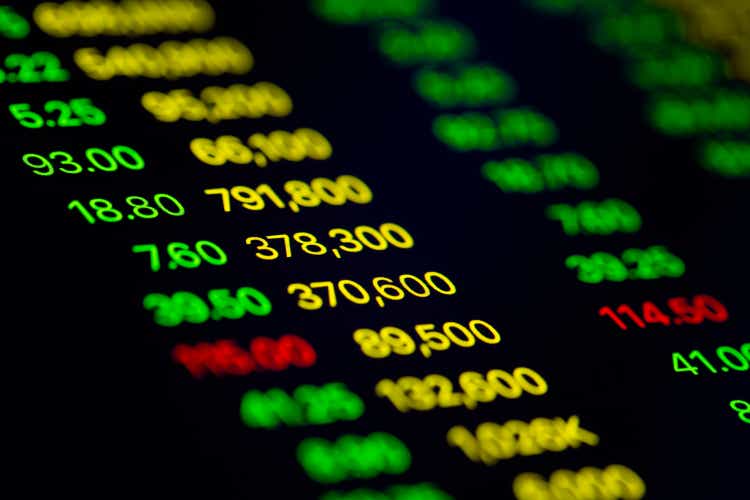 Close up shot on digital screen data value of stock market change and volatility prices profit or loss