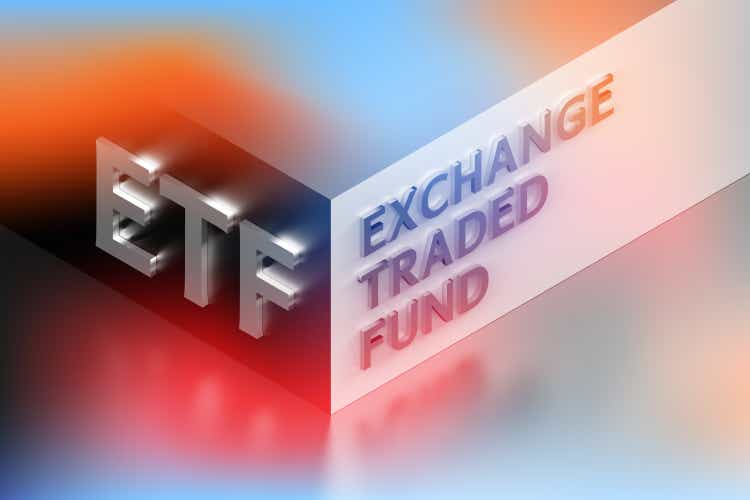 Business financial illustration with abbreviation ETF standing for Exchange traded Fund arranged on corner in glowing red blue colors