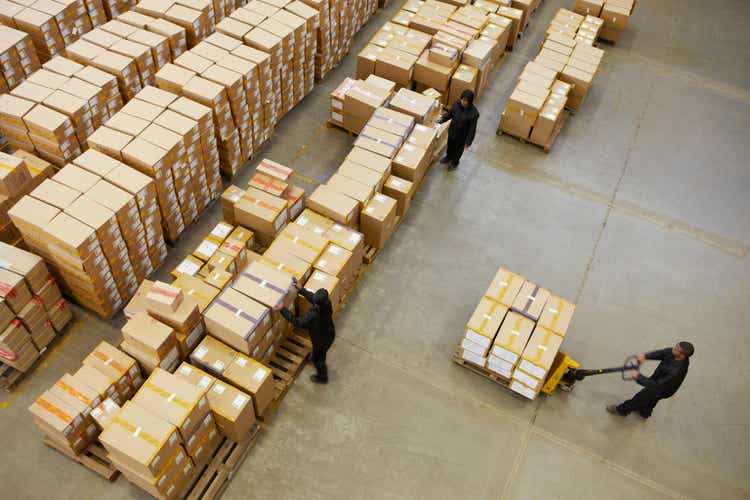 Elevated view of workers in a warehouse