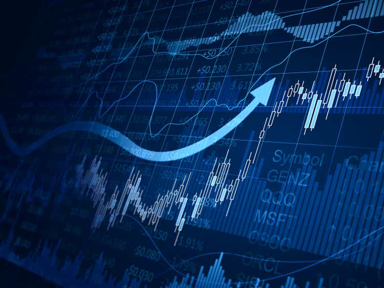 A blue financial chart with arrows pointing up