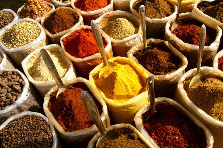 Spices in containers at market