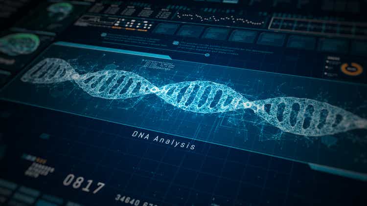 Highlighting the intersection of neuroscience and genetic analysis, Cutting edge interface for neurogenetics research featuring brain scans and DNA sequencing. 3d rendering