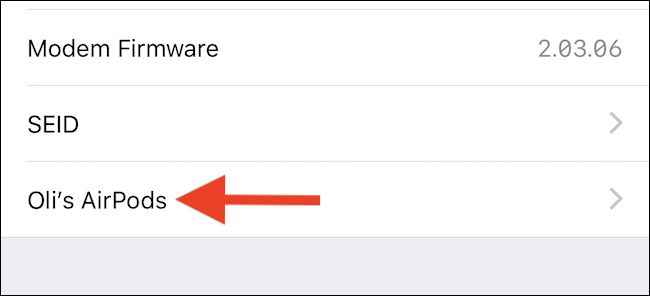 AirPods option in iPhone's About settings.