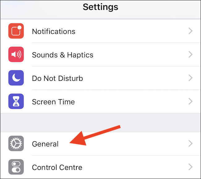 General settings option on iPhone.