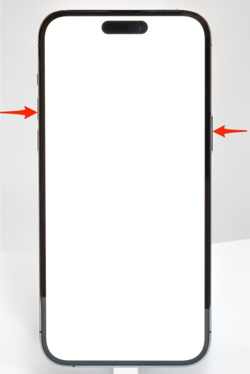 iPhone 14 with arrows pointing to the right side button and the left volume button 