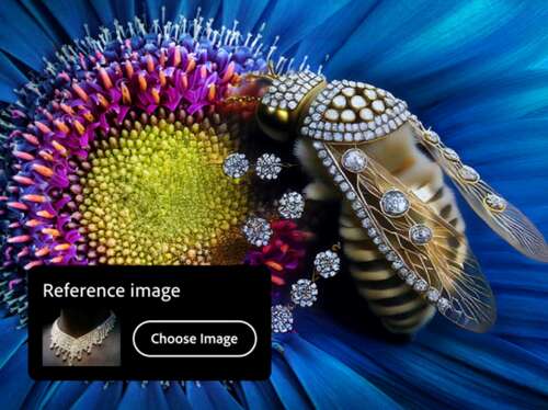 A bee encrusted with diamonds on a flower with a reference image of a diamond necklace